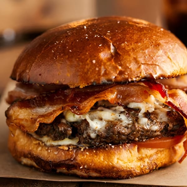 Close-up of a juicy burger with melted cheese, crispy bacon, and a toasted bun.
