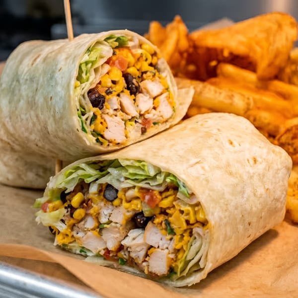 Two chicken wraps filled with corn, black beans, and lettuce, served with fries.