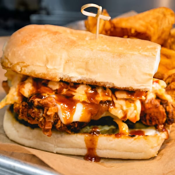 Close-up of a BBQ pulled pork sandwich with coleslaw and sauce, served with fries.