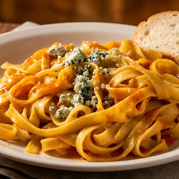 Fettuccine pasta in a creamy orange sauce, topped with crumbled blue cheese and a slice of bread.