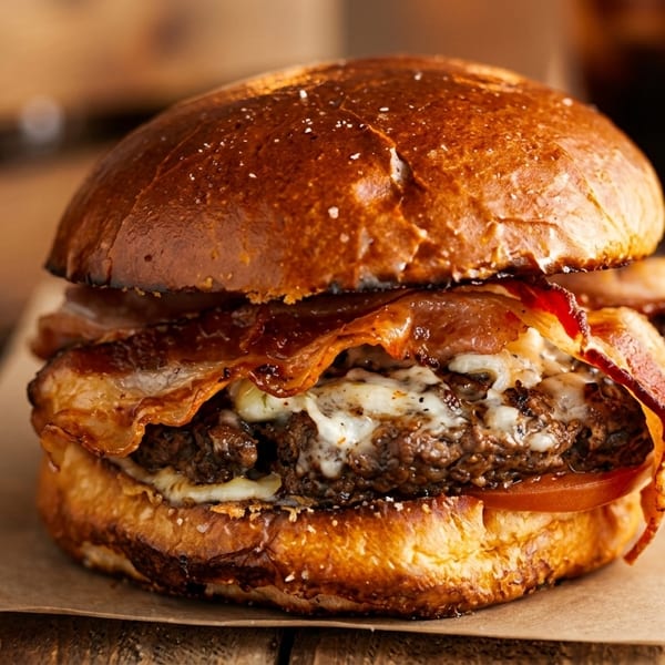 Close-up of a juicy bacon cheeseburger with melted cheese and a toasted bun on a wooden table.