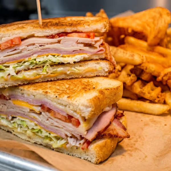 Stacked club sandwich with turkey, ham, bacon, cheese, lettuce, and tomato, served with waffle fries.
